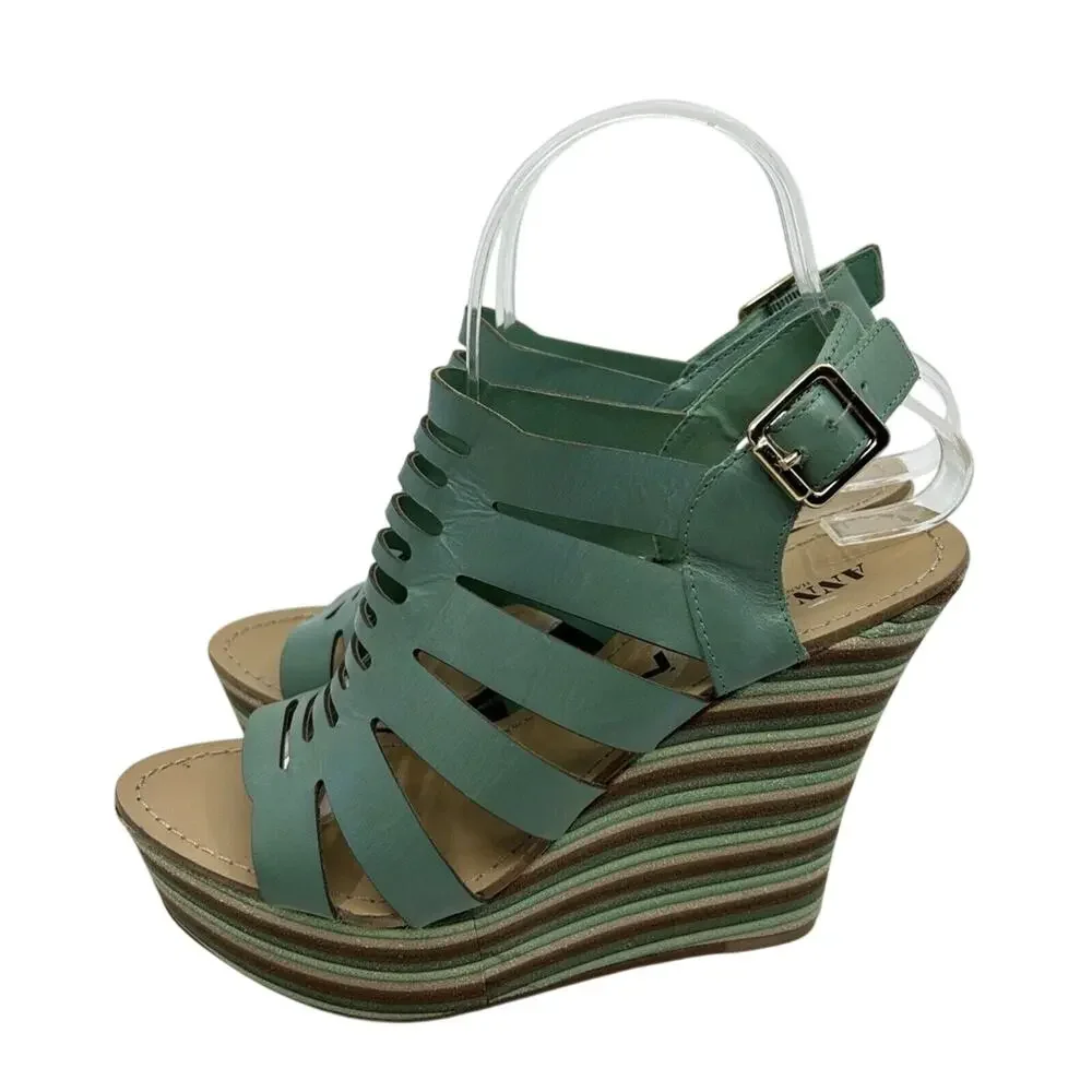 Anna Luz Leather Open Toe Wedge Women's Size 7 Teal Blue Green Sandals Brazil